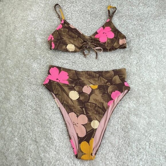 Aerie High Cut Cheeky Bikini Bottom Scoop Rib Top Set Brown Pink - Picture 3 of 14